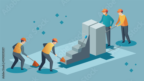 As the concrete sets the team meticulously smooths out any imperfections creating a seamless surface.. Vector illustration