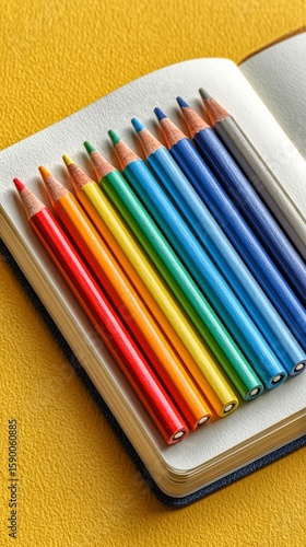 Colorful Pencils Arranged in Order on a Patterned Notebook Against a Yellow B...