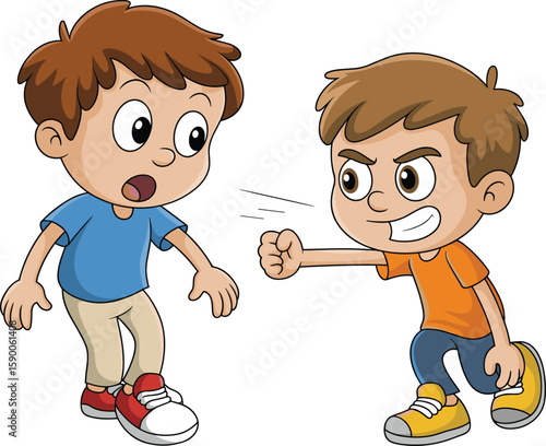 Cartoon illustration of two boys fighting, one angry boy punching another scared boy, kids conflict, bullying, aggressive child behavior scene
