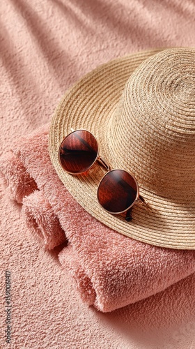 Relaxing Poolside Essentials With Sunhat and Towels Prepared for Sunny Weather.