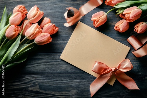 Colorful Tulips and a Gift Card With Ribbon on a Wooden Table for Special Occ...