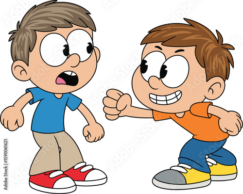 Cartoon illustration of two boys arguing and fighting, aggressive kids conflict, childhood bullying, angry children interaction, emotional expression, comic style