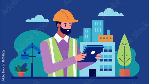 As a construction project nears completion an engineer uses a tablet to create a detailed 3D model of the building complete with interior furnishings. Vector illustration