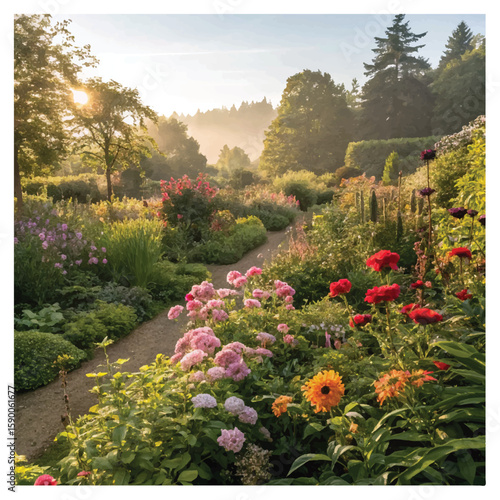 Gardening Concept. Garden Flowers and Plants on a Sunny Background