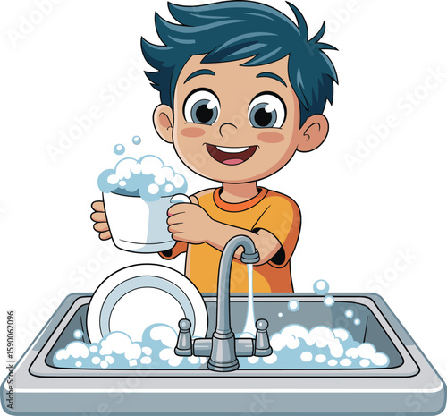 Happy Cartoon Boy Washing Dishes with Soap Bubbles in Kitchen Sink, Kid Doing Chores, Learning Responsibility