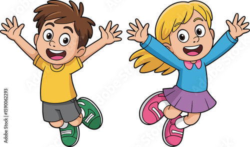 
Energetic kids jumping with joy, happy diverse children celebrating success, cheerful young friends having fun playtime, excited elementary school pupils leaping together.