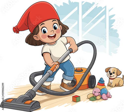 
Happy young girl in red hat vacuuming wooden floor at home, smiling and helping with chores, surrounded by toys and a cute puppy, domestic life, childhood cleanliness