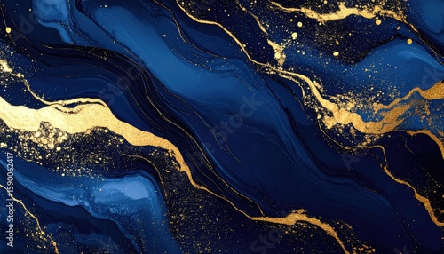 Abstract fluid art, deep blues and golds