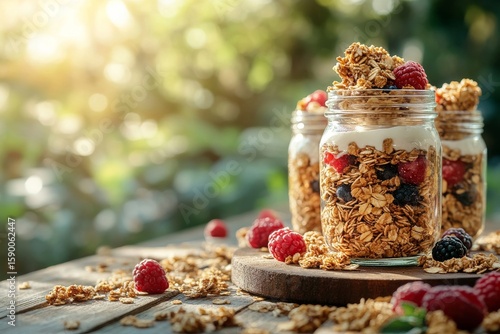 Delicious Granola Parfaits With Fresh Berries on a Wooden Table at Sunset