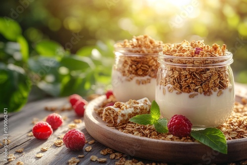 Delicious Granola Parfaits With Fresh Berries on a Wooden Table at Sunset.