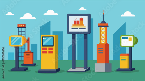 A series of interactive kiosks p around the construction site each featuring a different aspect of construction such as materials equipment and. Vector illustration