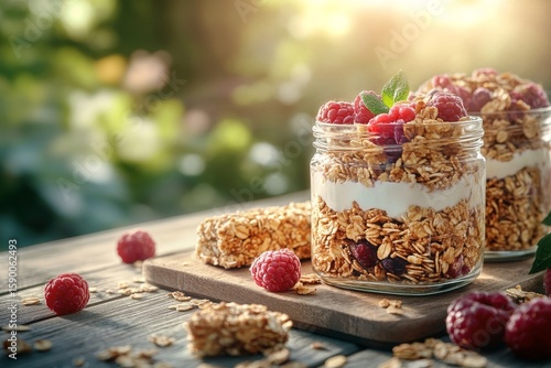 Delicious Granola Parfaits Layered With Yogurt and Fresh Raspberries in a Ser...