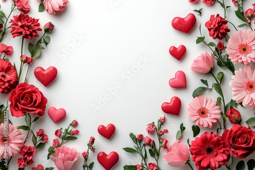 Colorful Arrangement of Flowers and Hearts for Celebration or Decoration.