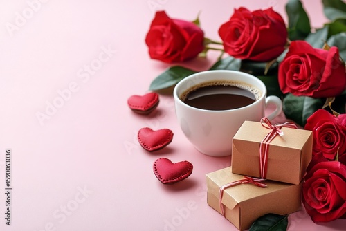 Romantic Coffee With Roses and Gifts on a Light Background for Special Occasi...