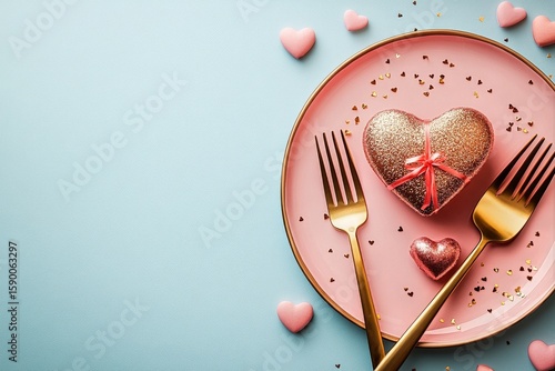Glittering Heart-Shaped Dessert on a Pink Plate With Golden Forks and Sparkly...