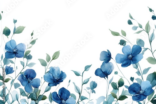 Elegant Blue Floral Design Featuring Watercolor Flowers With Soft Leaves on a...