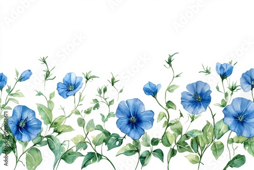 Vibrant Blue Flowers With Green Leaves Against a White Background in a Waterc...