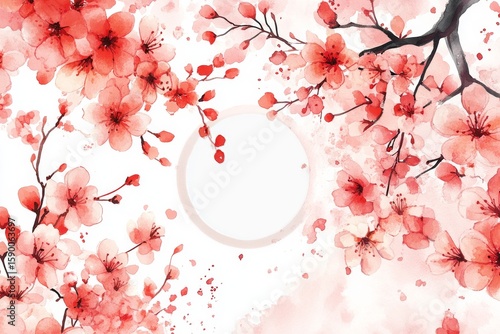 Beautiful Watercolor Cherry Blossoms With Blank Circle for Text in Springtime...