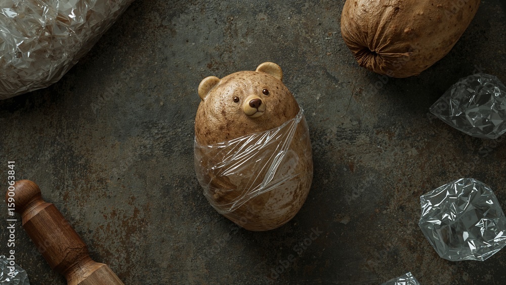 Obraz premium Whimsical Bear-Shaped Dough Wrapped in Plastic Film on a Dark Textured Background with Baking Elements