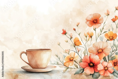 Cozy Coffee Cup With Orange Flowers Creates a Serene Atmosphere in a Light Ba...