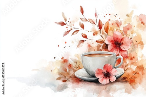 Warm Cup of Coffee Surrounded by Floral Elements in Soft Autumn Hues