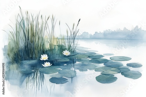 Calm Lake With Water Lilies and Tall Grasses During Early Morning Light