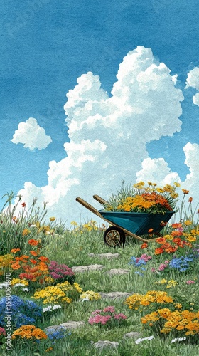 Bright Flower Garden With Wheelbarrow on a Sunny Day Under Fluffy Clouds
