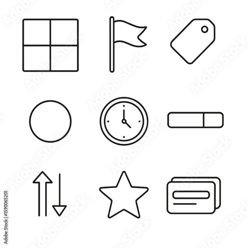 Task Management Icons. Outline style icons of Task Prioritization: Eisenhower matrix grid, high-priority flag, medium priority tag