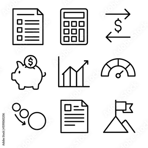 Financial Literacy Icons. Outline style icons of Financial Literacy Course: budget sheet, calculator, cash flow arrows, savings