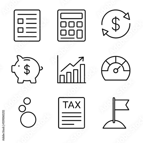 Financial Literacy Icons. Outline style icons of Financial Literacy Course: budget sheet, calculator, cash flow arrows, savings
