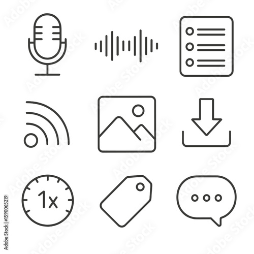 Podcast Publishing Icons. Outline style icons of Podcast Publishing: microphone icon, audio waveform, episode list, RSS feed