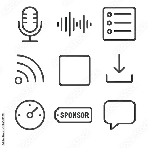 Podcast Publishing Icons. Outline style icons of Podcast Publishing: microphone icon, audio waveform, episode list, RSS feed