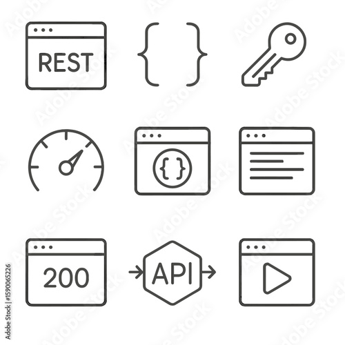 API Development Icons. Outline style icons of API Development Suite: REST endpoint, JSON braces, authentication key, rate limit
