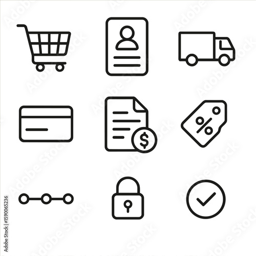 E-Commerce Checkout Icons. Outline style icons of E-Commerce Checkout Flow: shopping cart, address form, shipping truck, payment