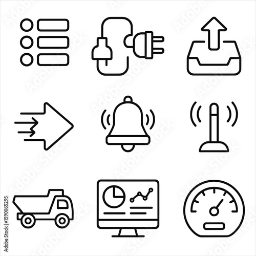 Data Ingestion Icons. Outline style icons of Data Ingestion Tools: message queue, API connector plug, file uploader tray,