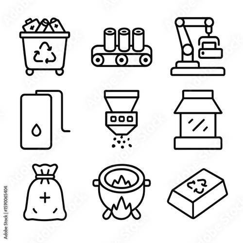 Battery Recycling Icons. Outline style icons of Battery Recycling Facility: spent cell bin, conveyor belt, disassembly robot,