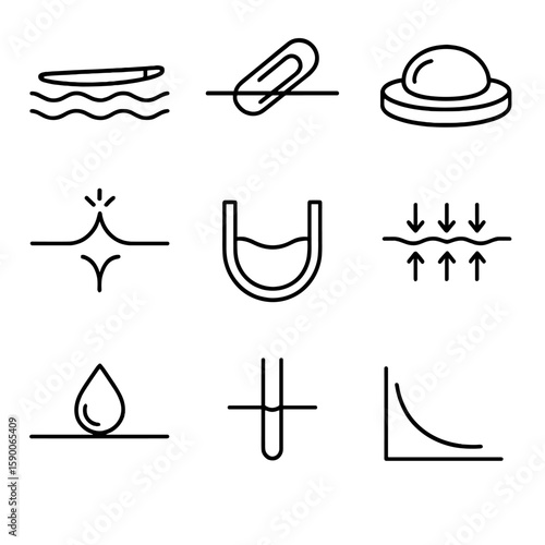Surface Tension Icons. Outline style icons of Surface Tension Demo: needle on water, paper clip float, coin droplet bulge, soap