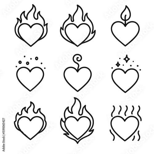 Flaming Heart Icons. Outline style icons of Black Heart Flames: flaming heart, wildfire heart, candle wick heart, ember glow heart