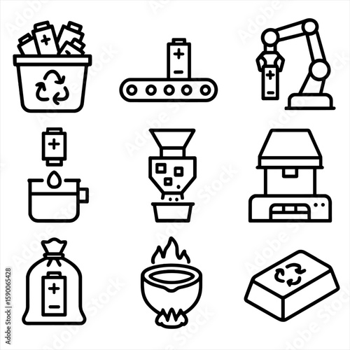 Battery Recycling Icons. Outline style icons of Battery Recycling Facility: spent cell bin, conveyor belt, disassembly robot,