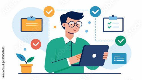 A project manager using their tablet to remotely approve change orders and sign off on completed tasks reducing paperwork and streamlining processes.. Vector illustration