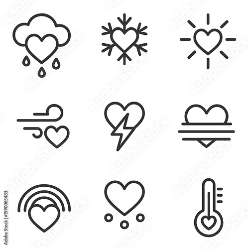 Heart Weather Icons. Outline style icons of Black Heart Weather Themes: rainy cloud heart, snowflake heart, sunny ray heart, windy