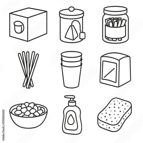 Breakroom Essentials Icons. Outline style icons of Breakroom Stock: coffee pod box, tea bag canister, sugar packet jar, stir stick