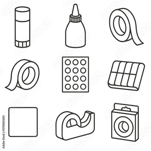 Adhesive Icons Outline. Outline style icons of Adhesive Essentials: glue stick, liquid glue bottle, double-sided tape roll,