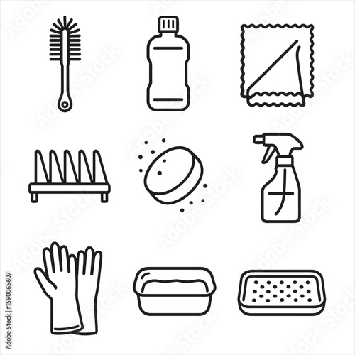 Teaware Cleaning Essentials. Outline style icons of Teaware Cleaning Kit: bottle brush, tea-stain remover, microfiber cloth,