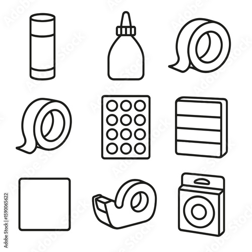 Adhesive Icons Outline. Outline style icons of Adhesive Essentials: glue stick, liquid glue bottle, double-sided tape roll,