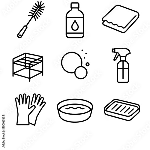 Teaware Cleaning Essentials. Outline style icons of Teaware Cleaning Kit: bottle brush, tea-stain remover, microfiber cloth,