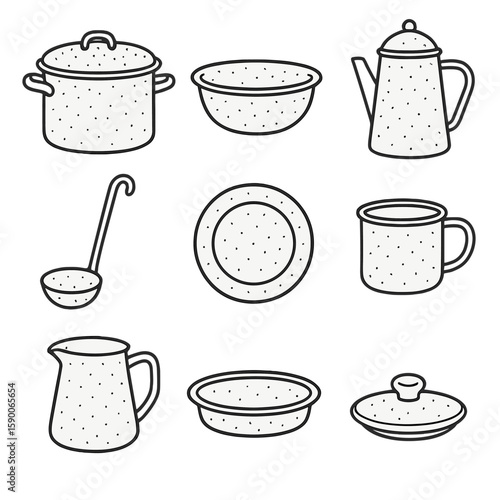 Enamelware Icon Set. Line style icons of Enamelware Collection: speckled stockpot, enamel basin, coffee percolator, soup ladle,
