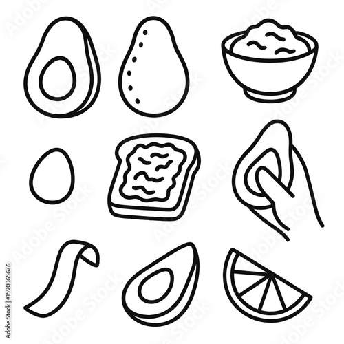 Avocado Icons Collection. Outline style icons of Creamy Avocado Bar: Hass avocado half, Fuerte whole, sliced fan, mashed guacamole