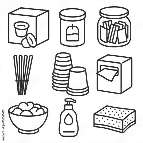 Breakroom Essentials Icons. Outline style icons of Breakroom Stock: coffee pod box, tea bag canister, sugar packet jar, stir stick