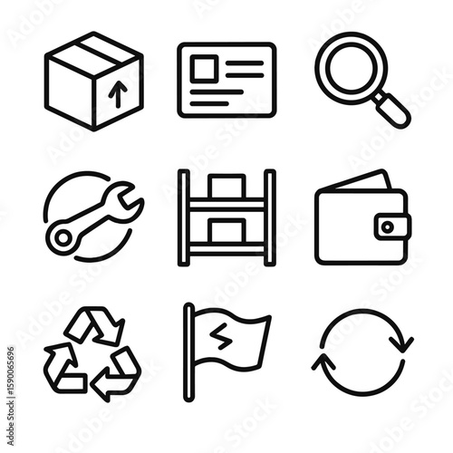 Reverse Logistics Icons. Line style icons of Reverse Logistics Hub: return parcel box, RMA label, inspection magnifier, refurbish